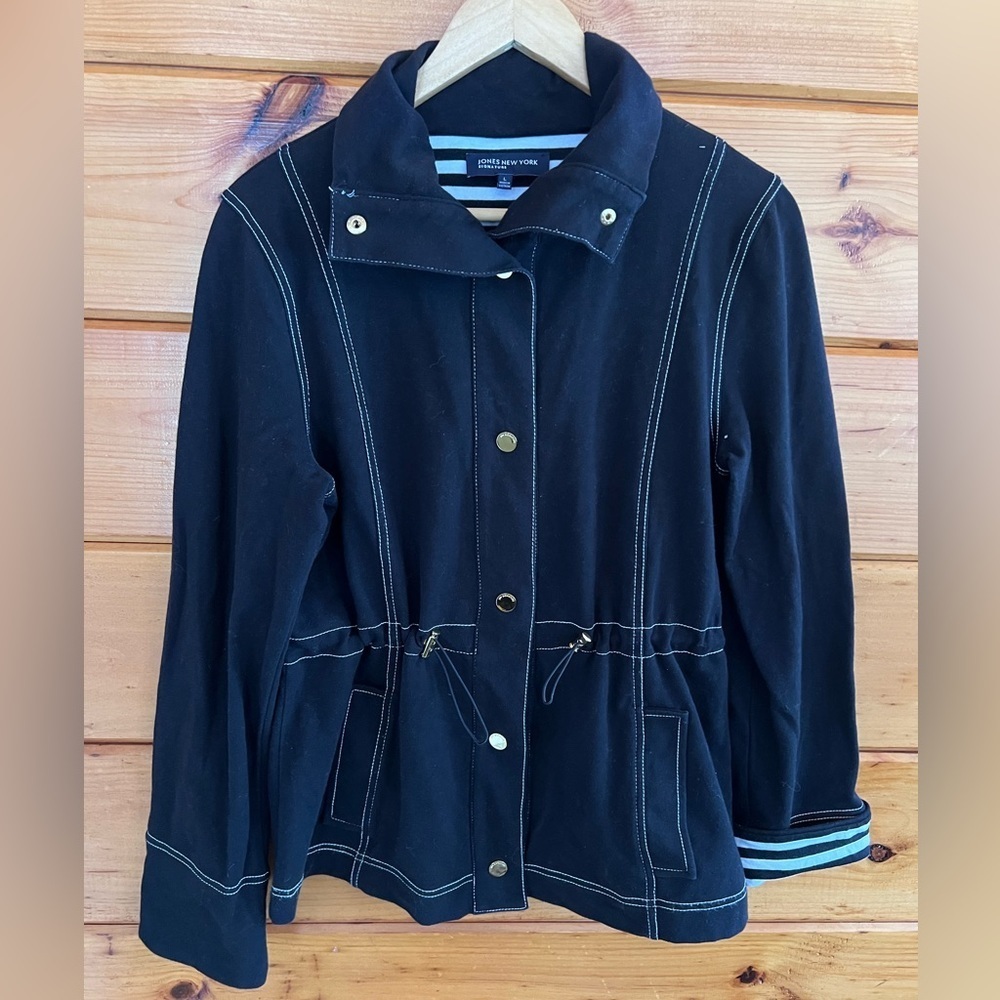 Jones New York Anorak Savvy Jacket Womens L Black Snap Cotton Blend Coat Jacket